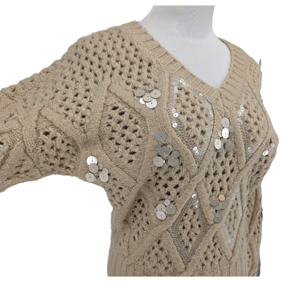 WHBM Sequin Cable Knit Sweater Beige Chunky Embellished Cozy Glam XS Holiday - Picture 4 of 14